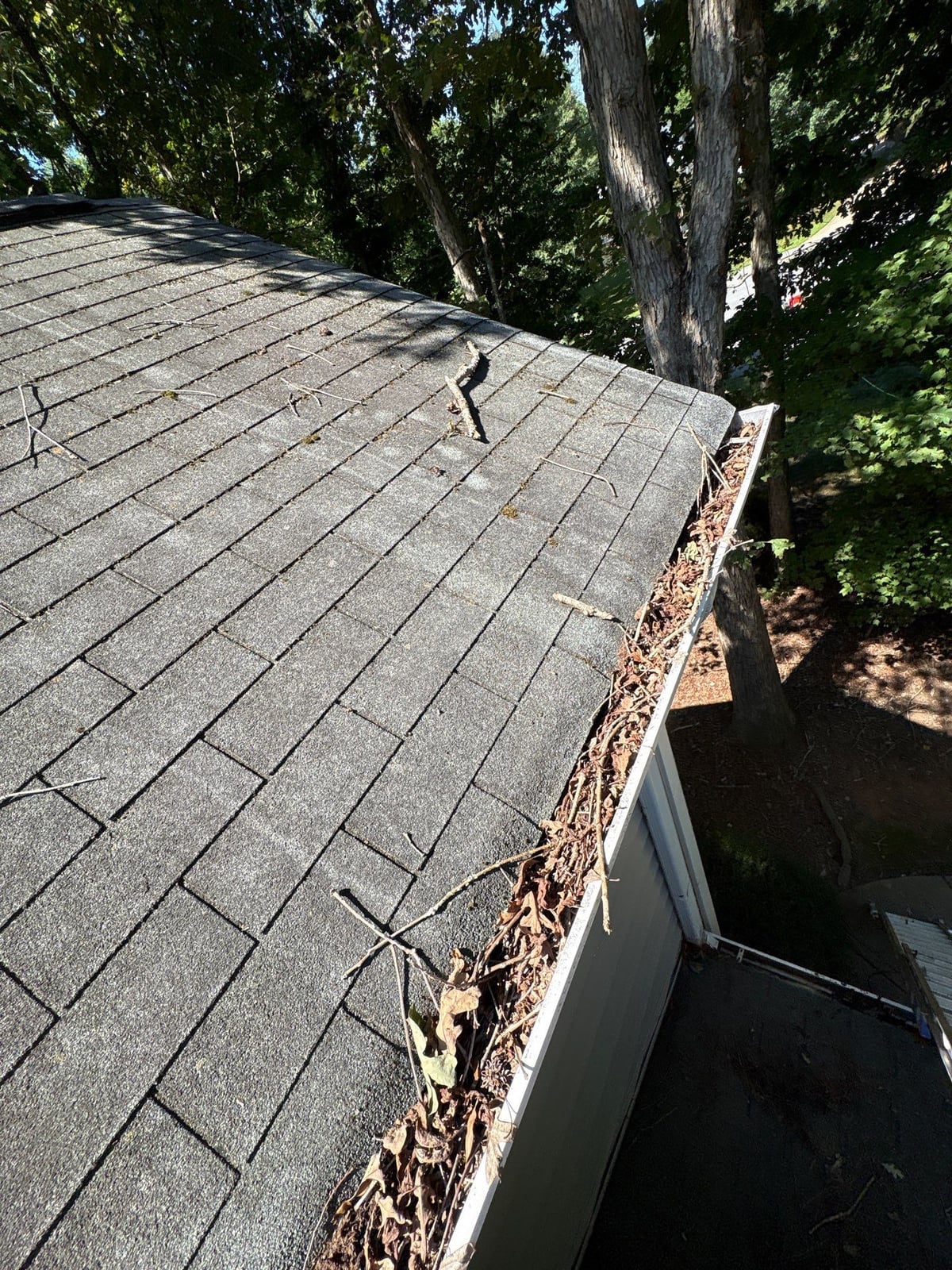 Clearing leaves and debris from house gutter system
