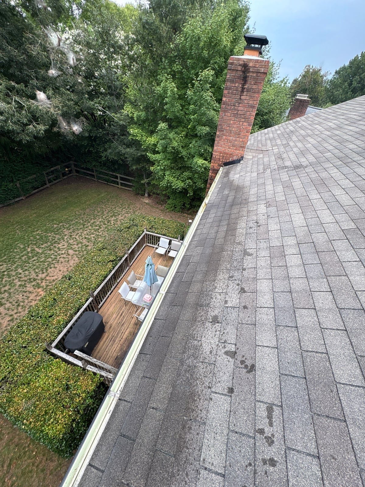 Roofline gutter debris removal and downspout flow inspection