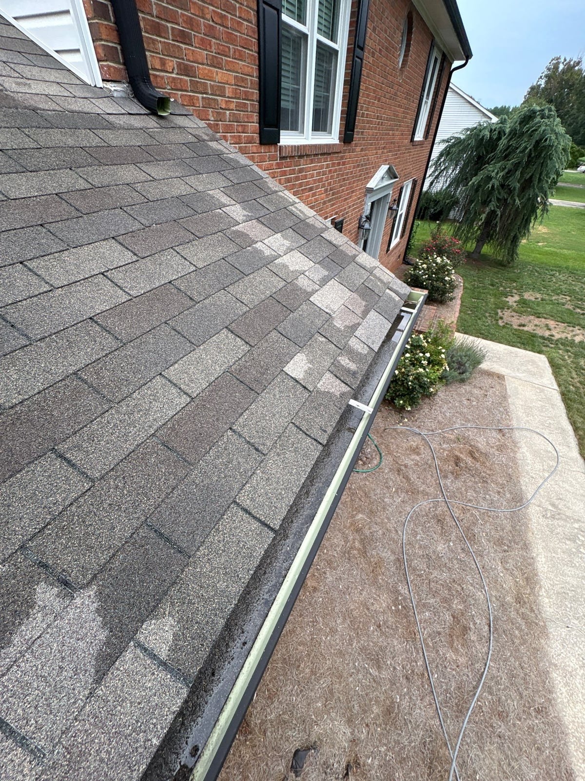Roofline gutter debris removal and downspout flow inspection