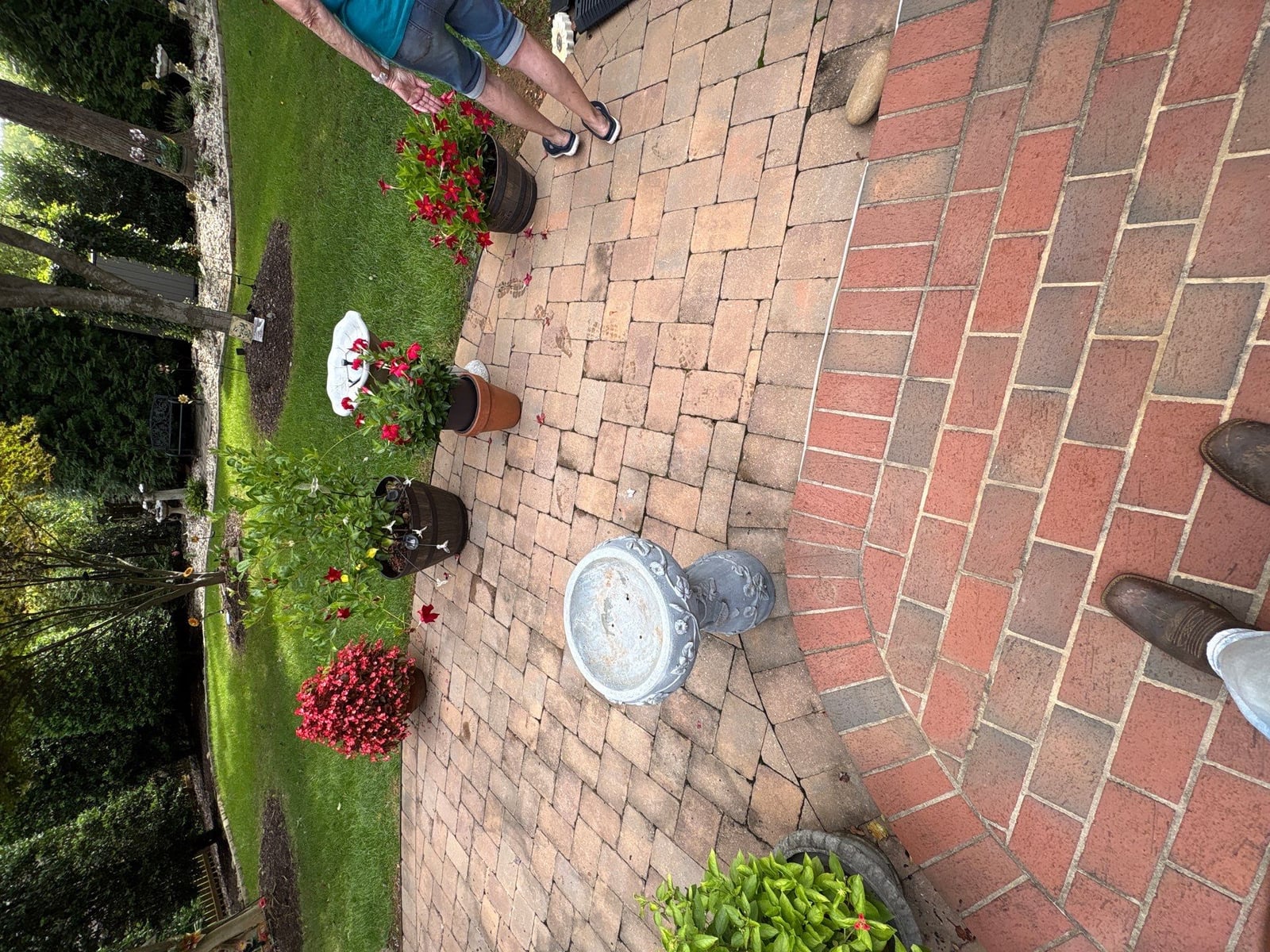 Brick patio pavers installation with front walkway and washing