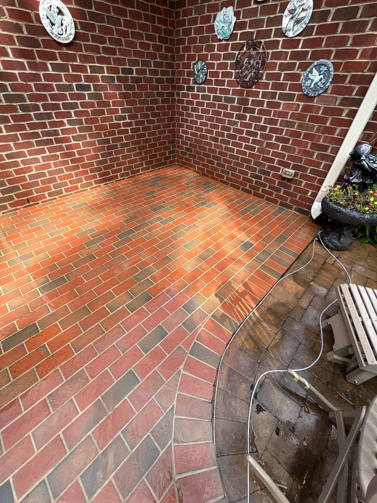 Brick patio pavers installation with front walkway and washing