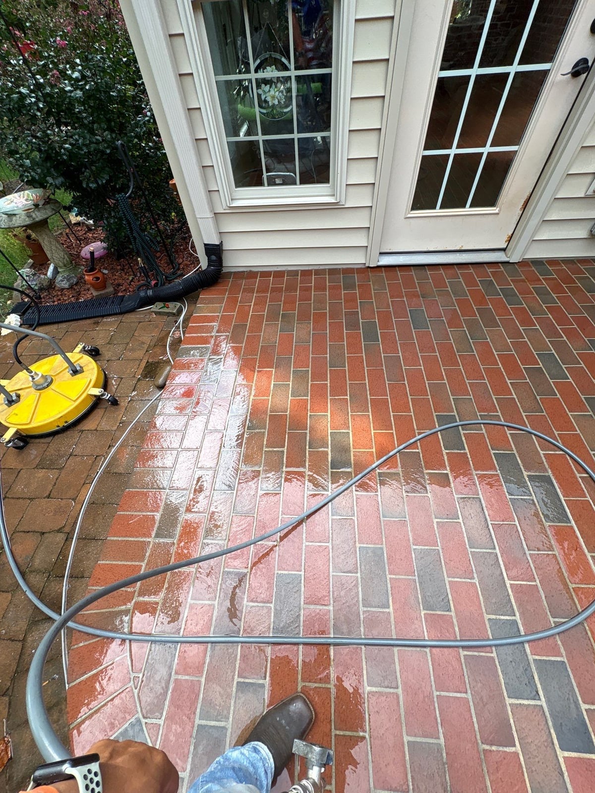 Brick patio pavers installation with front walkway and washing