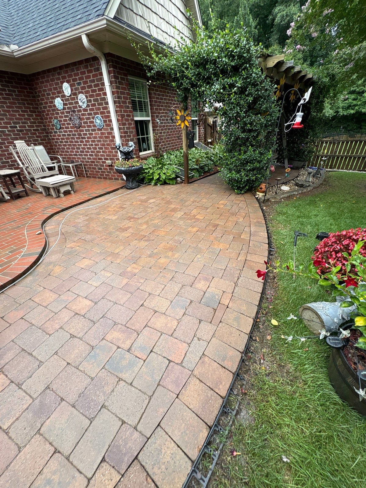 Brick patio pavers installation with front walkway and washing