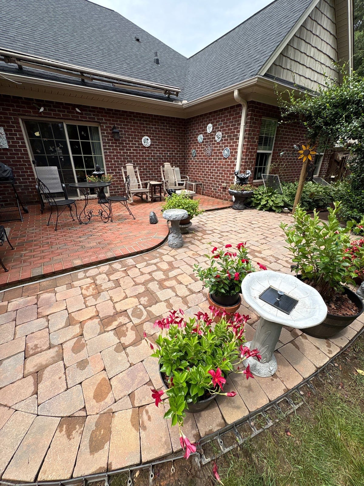 Brick patio pavers installation with front walkway and washing