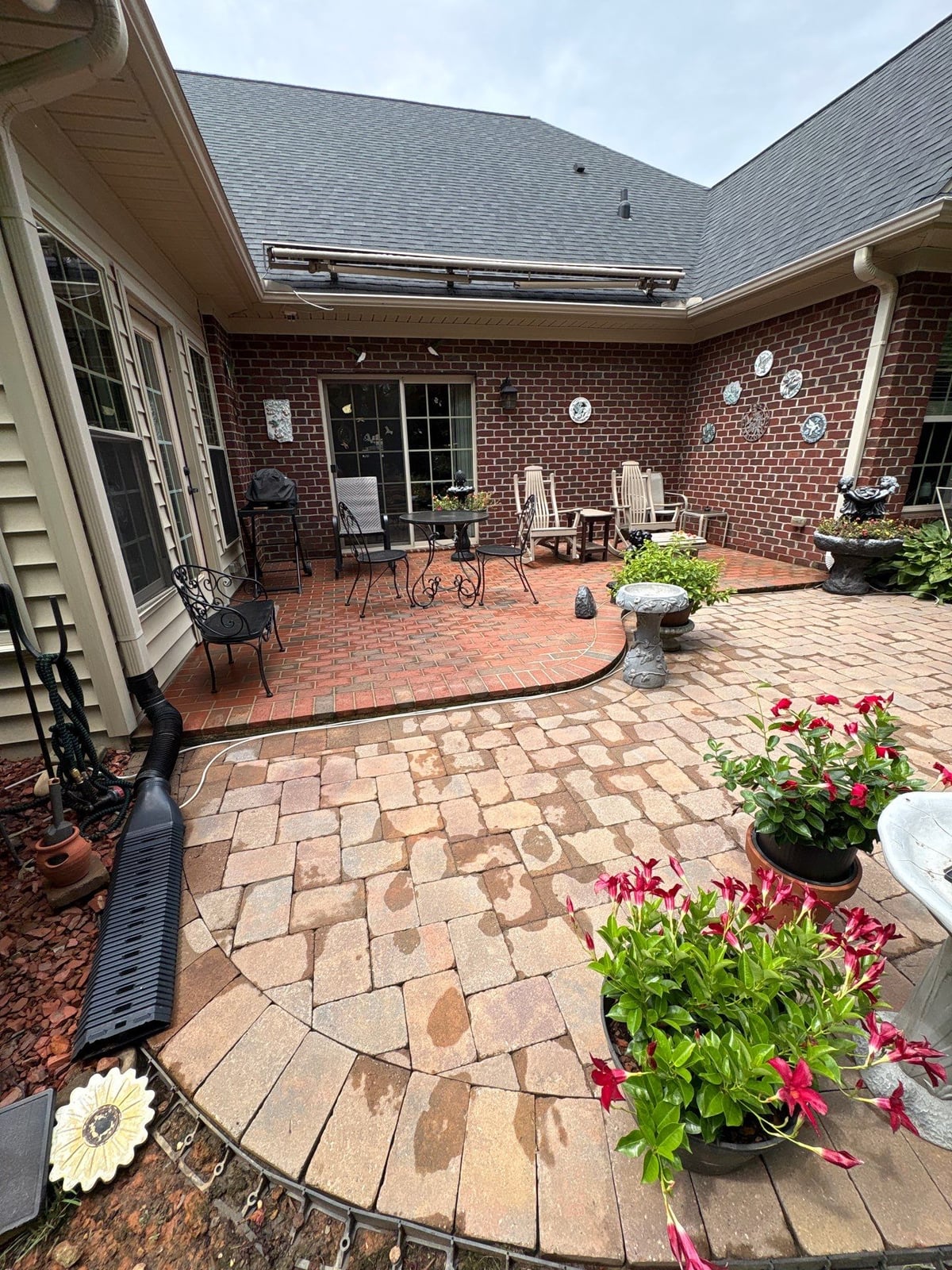 Brick patio pavers installation with front walkway and washing